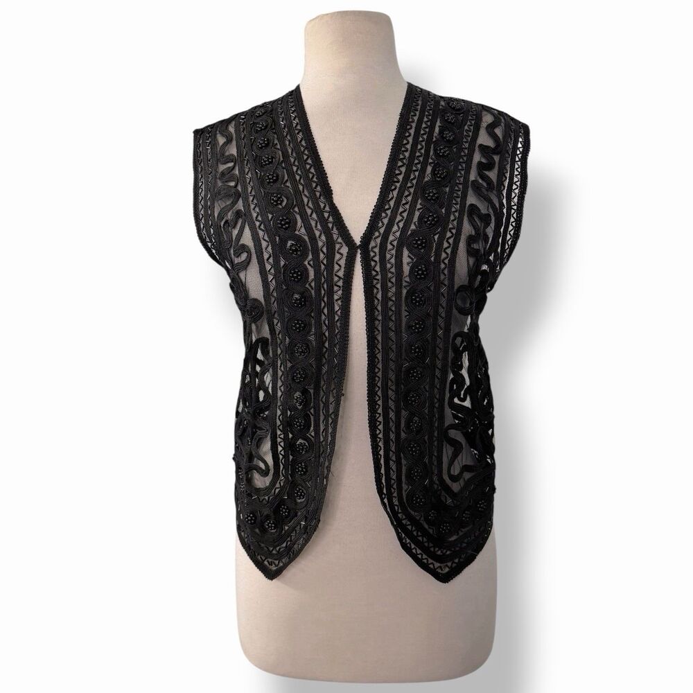 VTG Black Soutache Mesh Vest Beaded Embroidered Open Front Whimsigoth Boho M